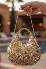 Golden Moon Shape Embellished HandbagRhinestone Hollow Out Evening Clutch