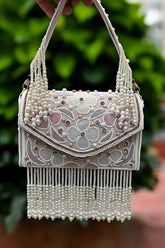 Hanging Beads Embroidered Partywear Handbag For Ladies With Handle