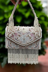 Hanging Beads Embroidered Partywear Handbag For Ladies With Handle