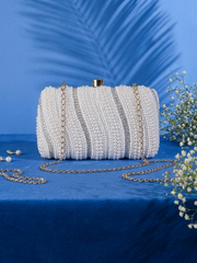 Pearlescent Waves: Handcrafted Crystal & Pearl Box Clutch