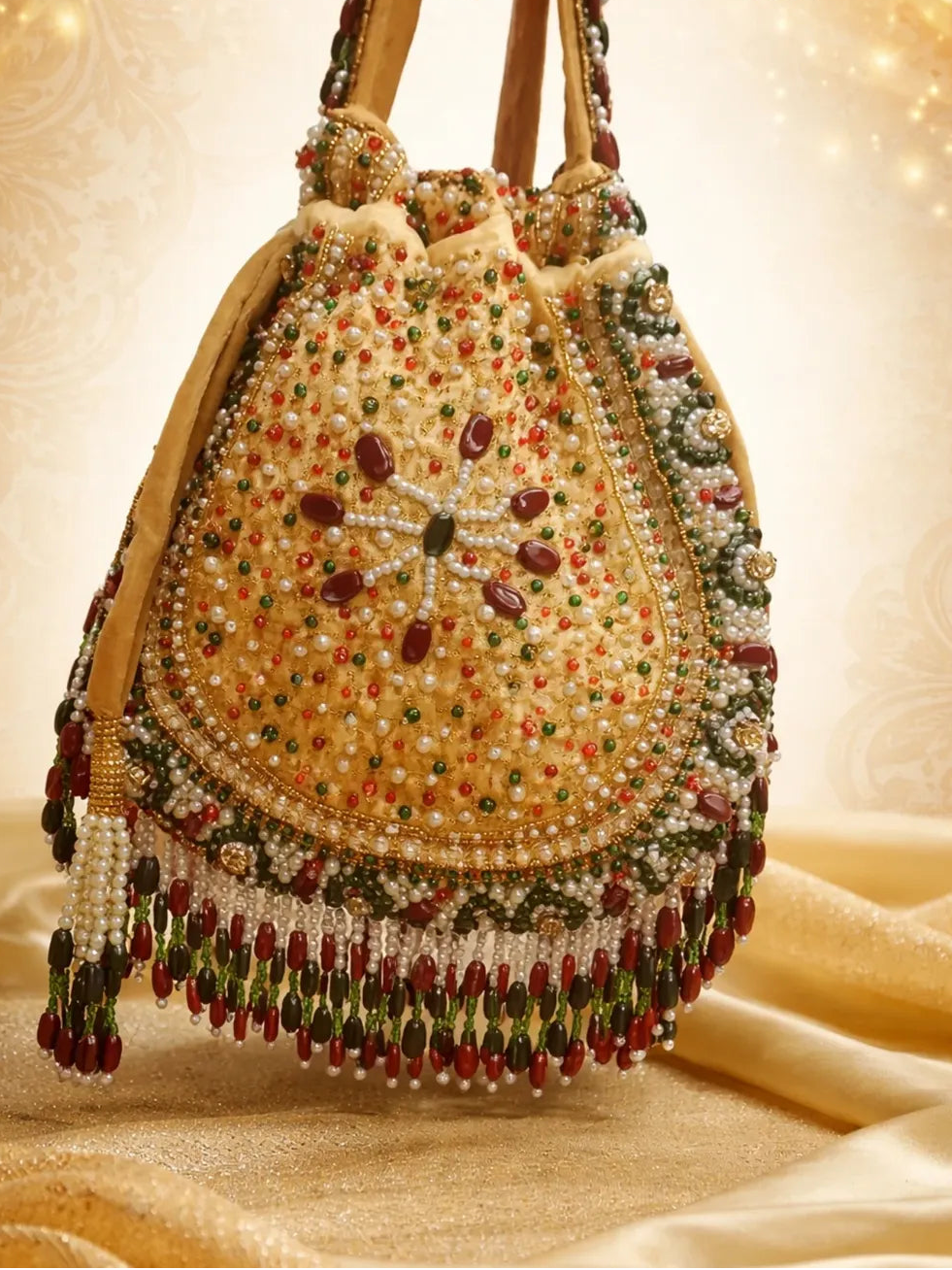 Royal Pearl & Ruby Beaded Potli Bag – Handcrafted Ethnic Drawstring Clutch for Weddings & Festive Wear