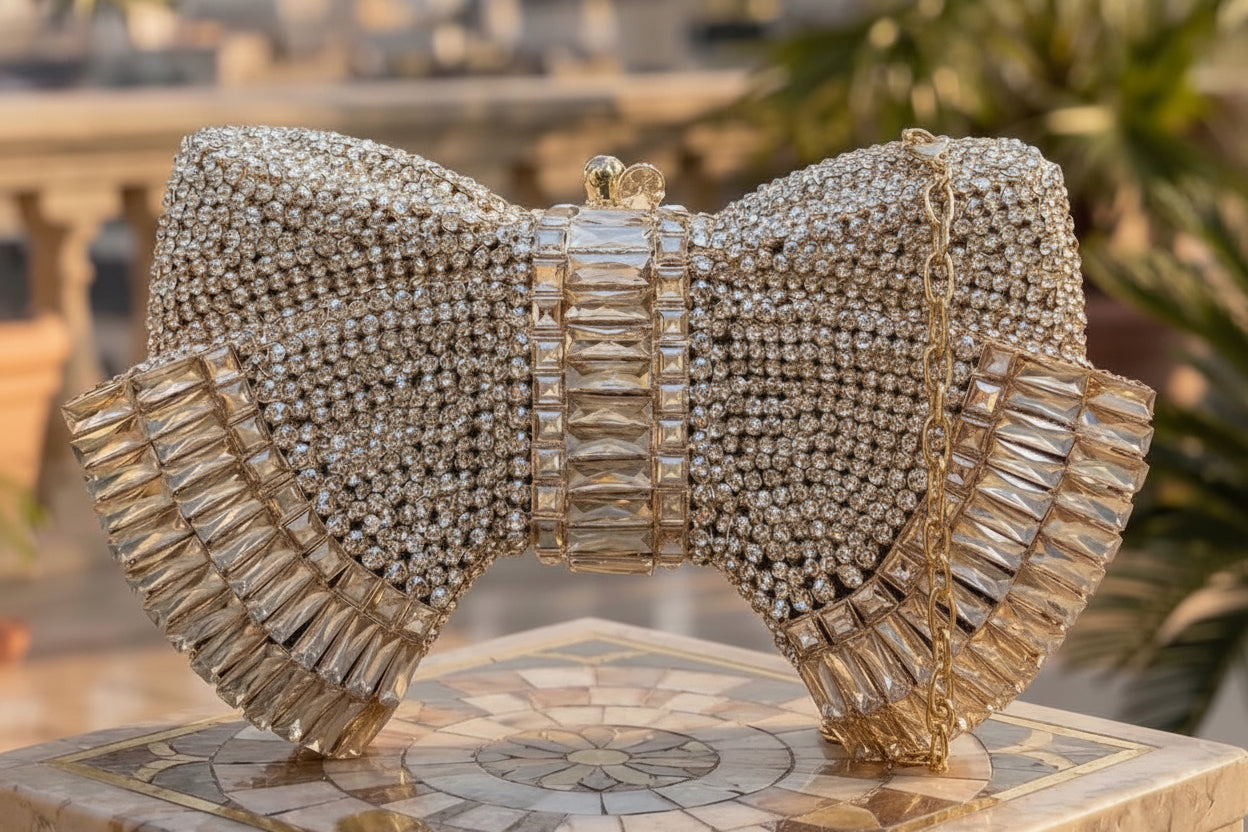 Bow-shaped rhinestone clutch