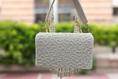 Hanging Beads Embroidered Partywear Handbag For Ladies With Handle