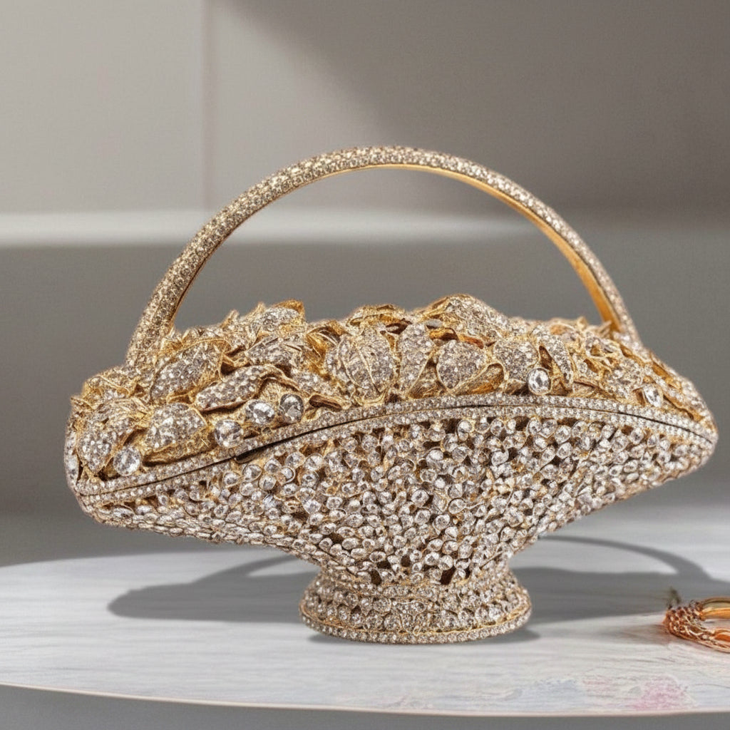 luxury crystal-embellished flower basket evening clutch bag