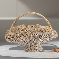 luxury crystal-embellished flower basket evening clutch bag