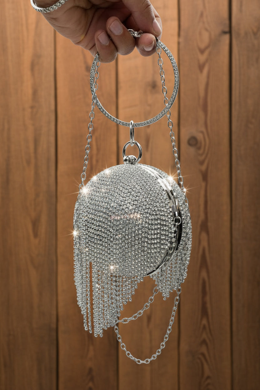 Embroidered Clutch For Ladies With Silver Handle & Long Chain