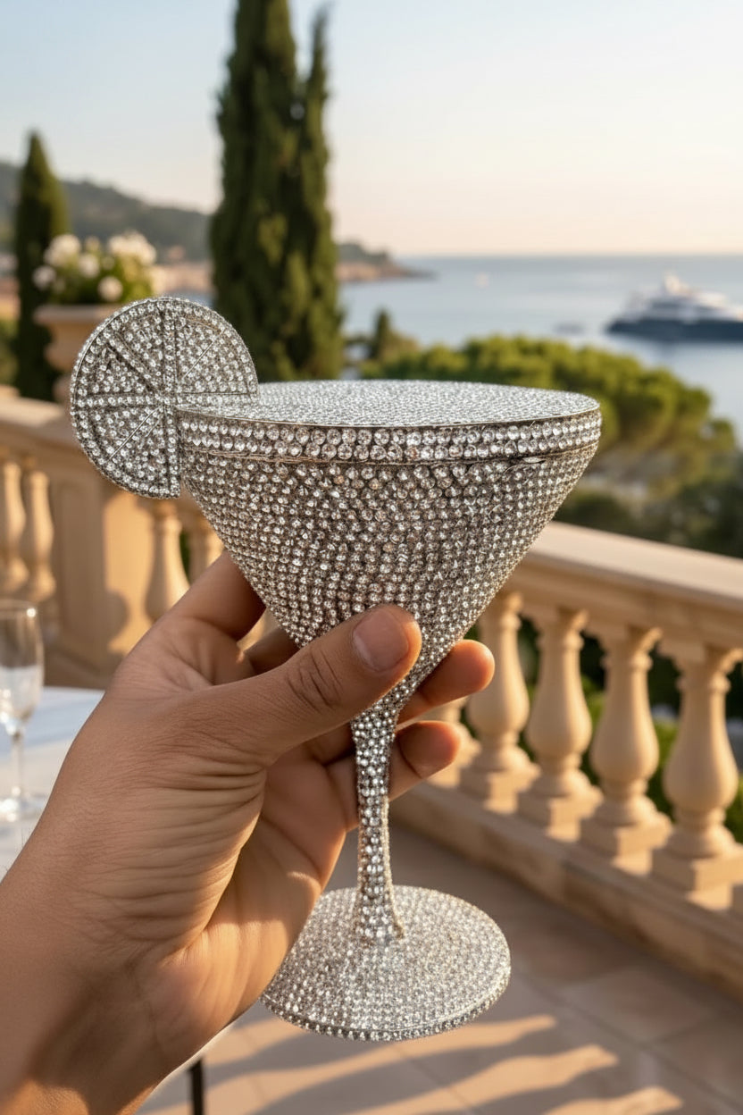 Wine Shape Exclusive Crystal Partywear Handbag For Ladies With Chain