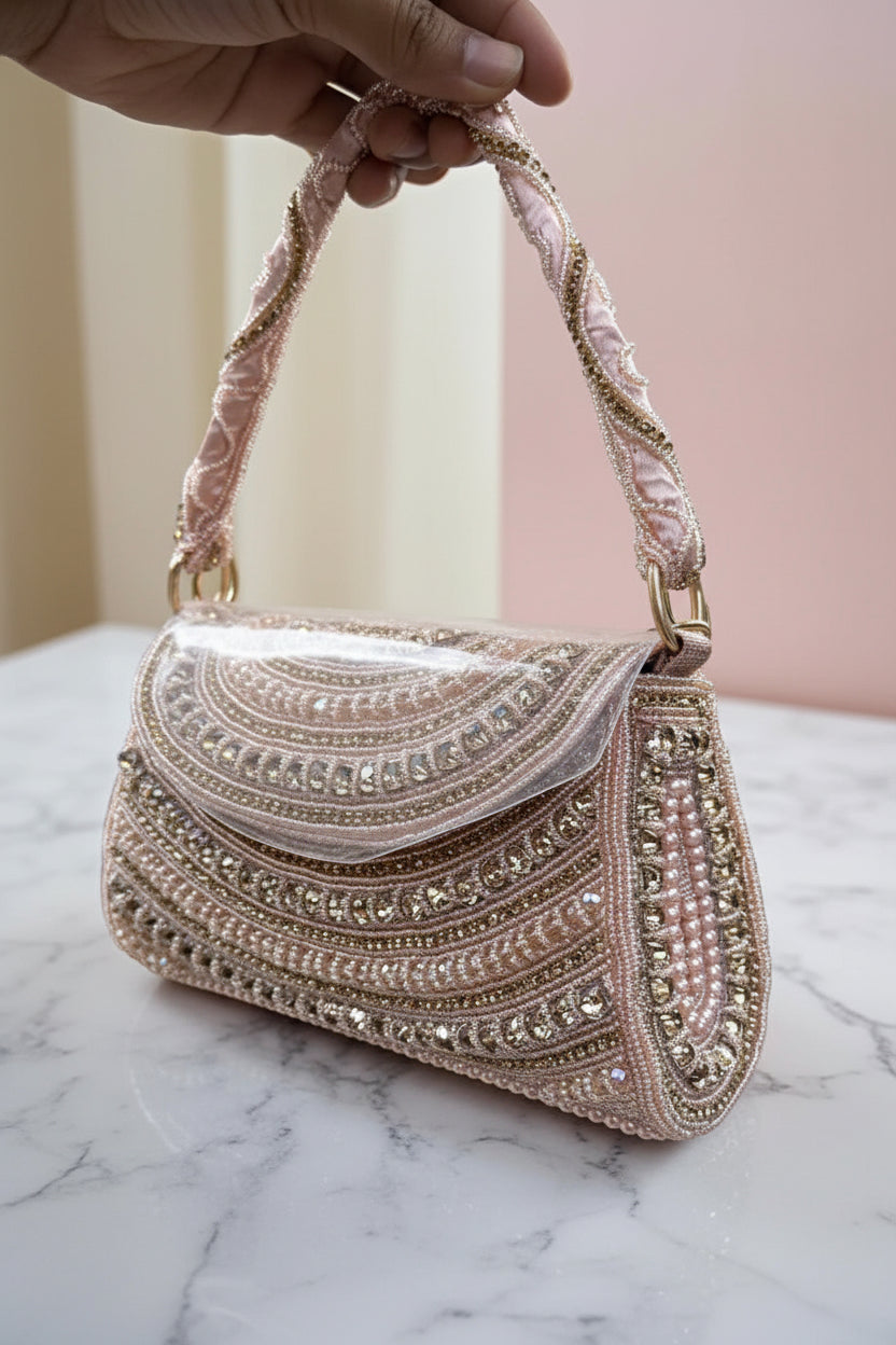 Diamond Embroidered Partywear Handbag For Ladies With Handle