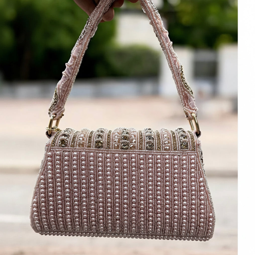 Diamond Embroidered Partywear Handbag For Ladies With Handle