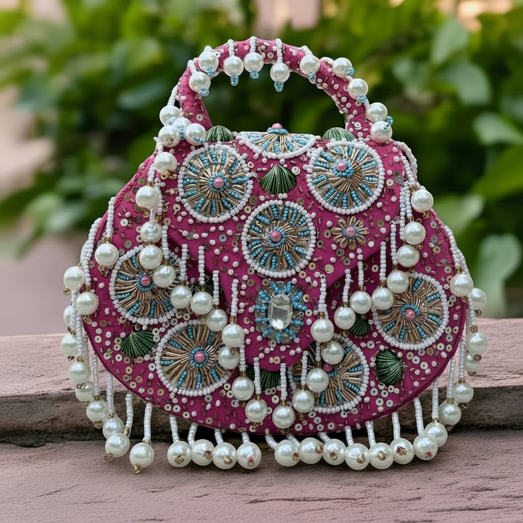 Boho Pearl Flap Bag in pink, a handcrafted