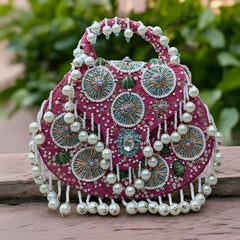 Boho Pearl Flap Bag in pink, a handcrafted