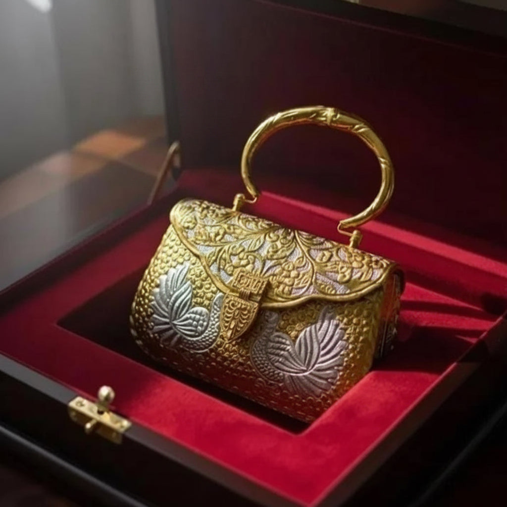 Handcrafted Vintage Dual-Toned Brass Metal Clutch with Intricate Floral Carving