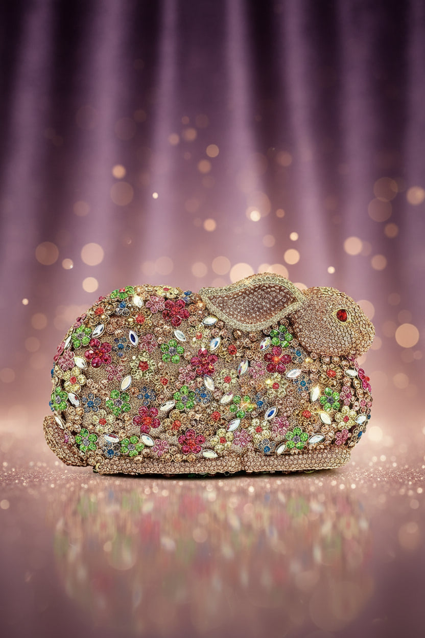 Luxury Multi-Color Crystal-Embellished Rabbit Minaudière Evening Clutch