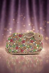 Luxury Multi-Color Crystal-Embellished Rabbit Minaudière Evening Clutch
