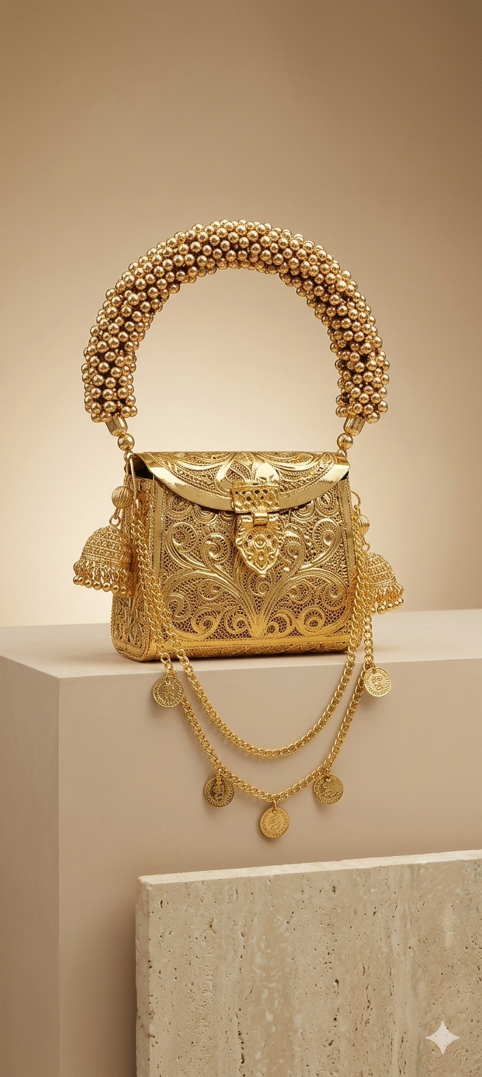 Golden Filigree Majesty: Handcrafted Coin & Jhumka Metal Clutch