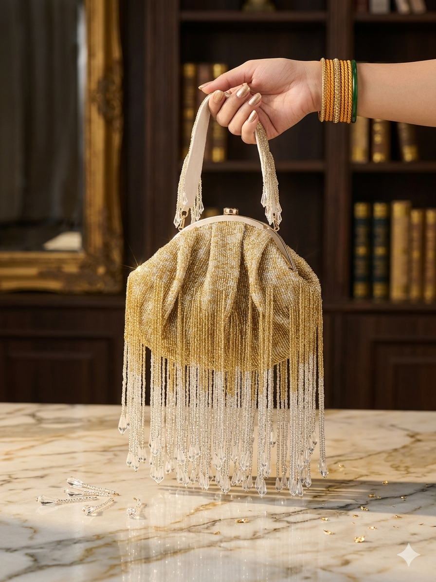 Golden Pearl & Crystal Fringe Evening Clutch