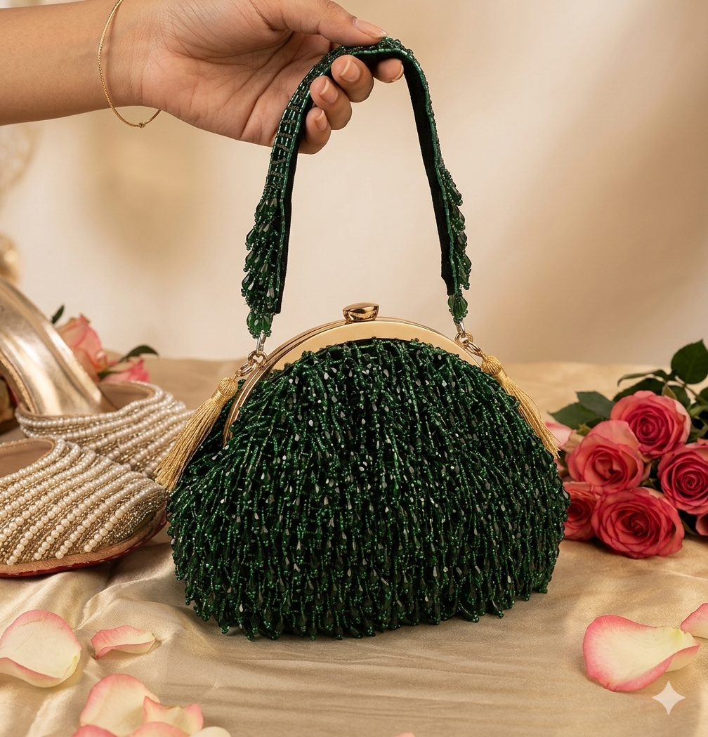 Emerald Elegance: Hand-Beaded Tassel Evening Clutch